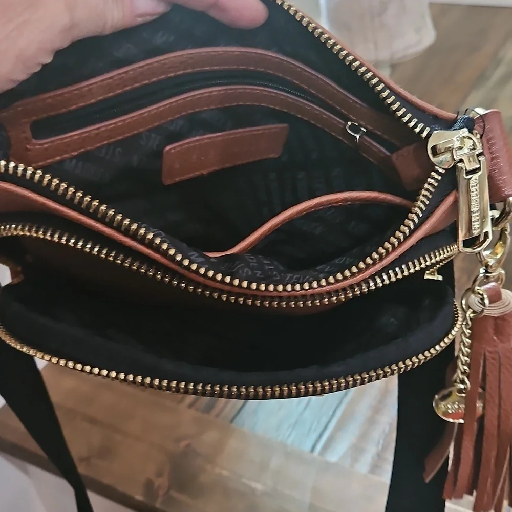 Steve Madden Women's Brown And Black Vegan Leather Crossbody Bag W/ Gold Accents